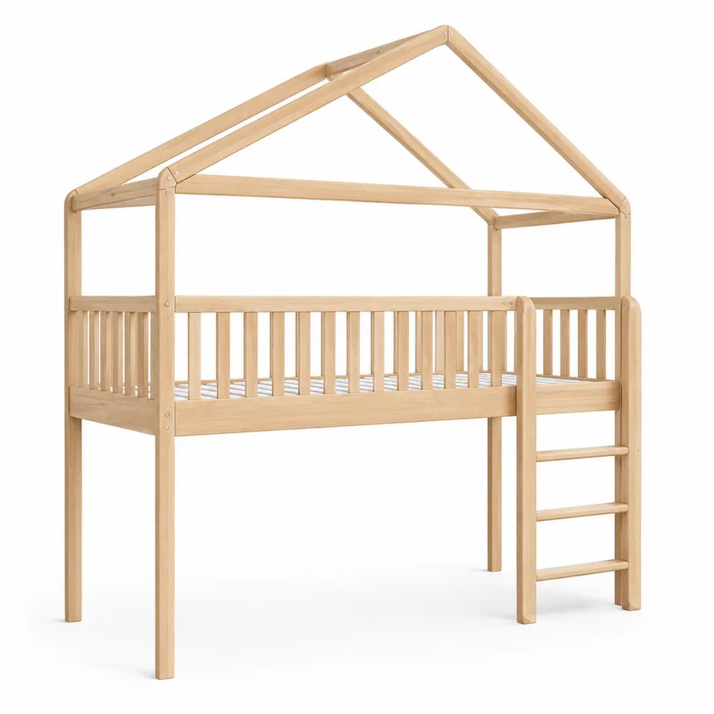 Lit mezzanine enfant cabane 90 x 190 cm en pin massif naturel avec sommier a lattes et echelle