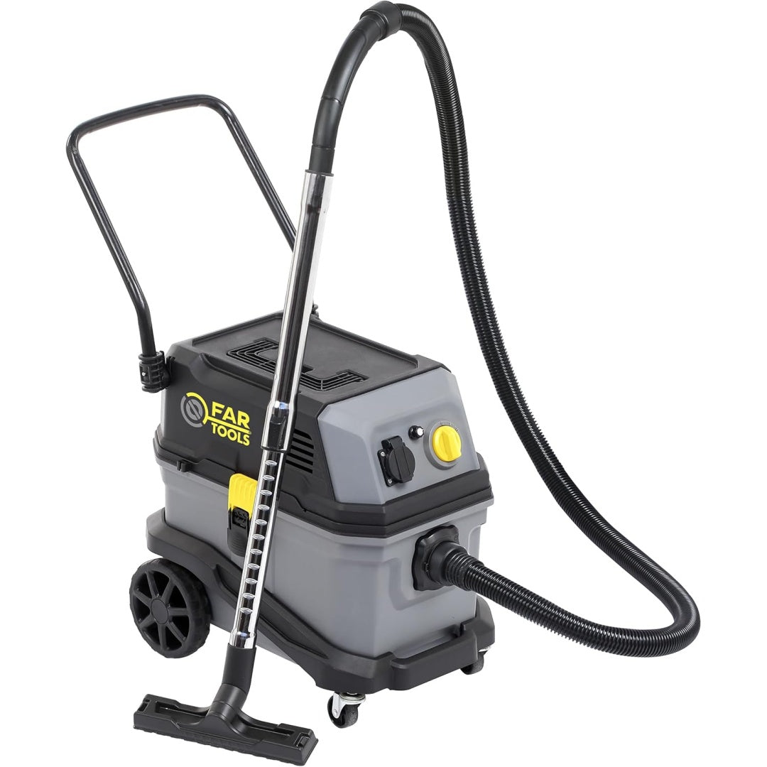 Aspirateur mixte, coloris gris et blanc, avec une contenance annoncee de 35 l