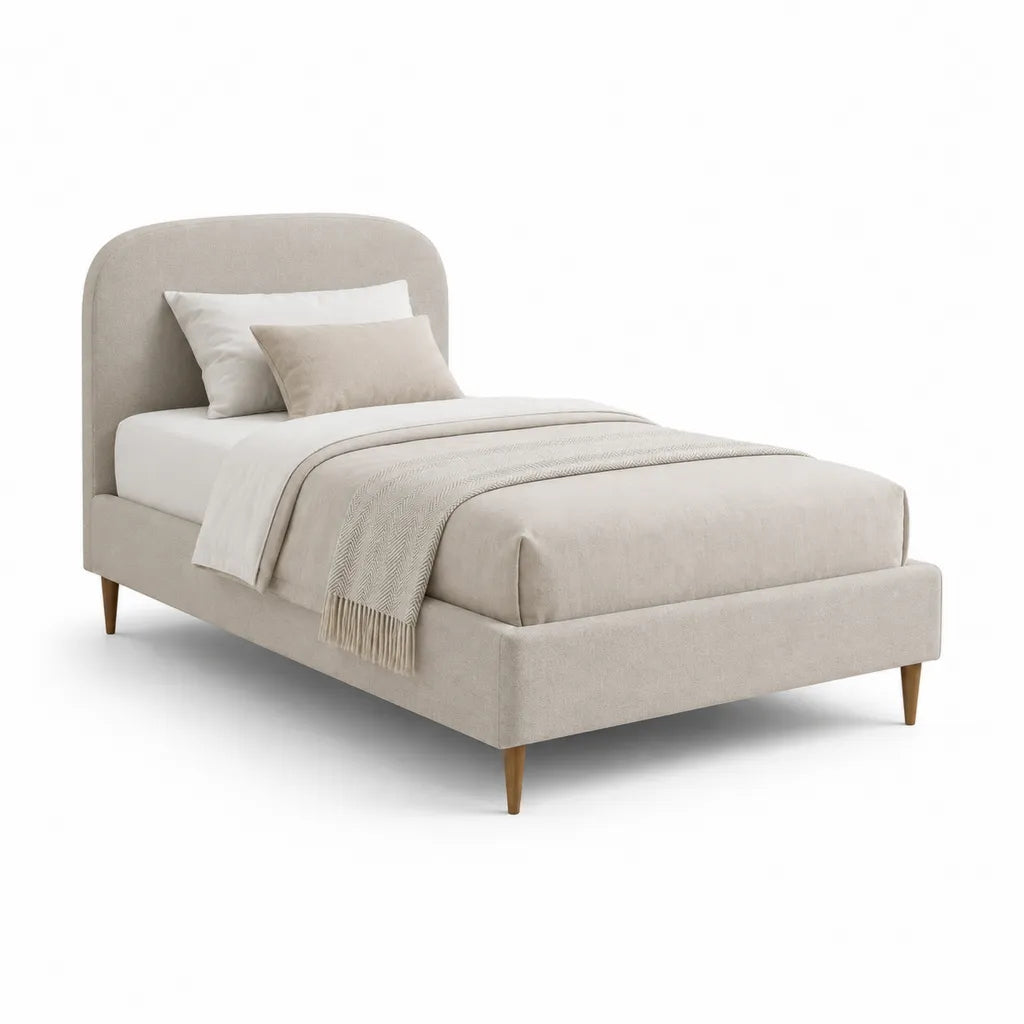 Lit double capitonne avec tete de lit arrondie en polyester beige 140 x 190 cm