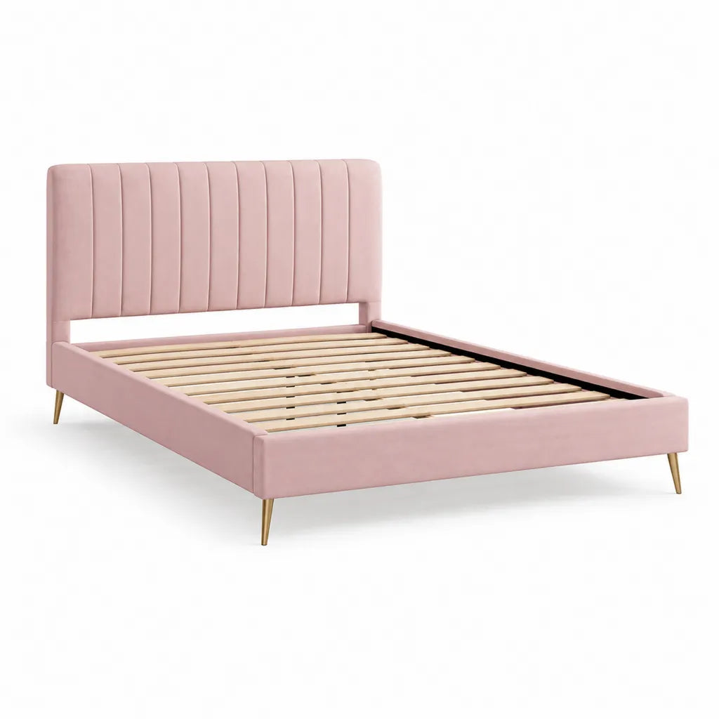 Lit double 160 x 200 cm avec sommier a lattes tete de lit capitonnee rectangulaire rose poudre