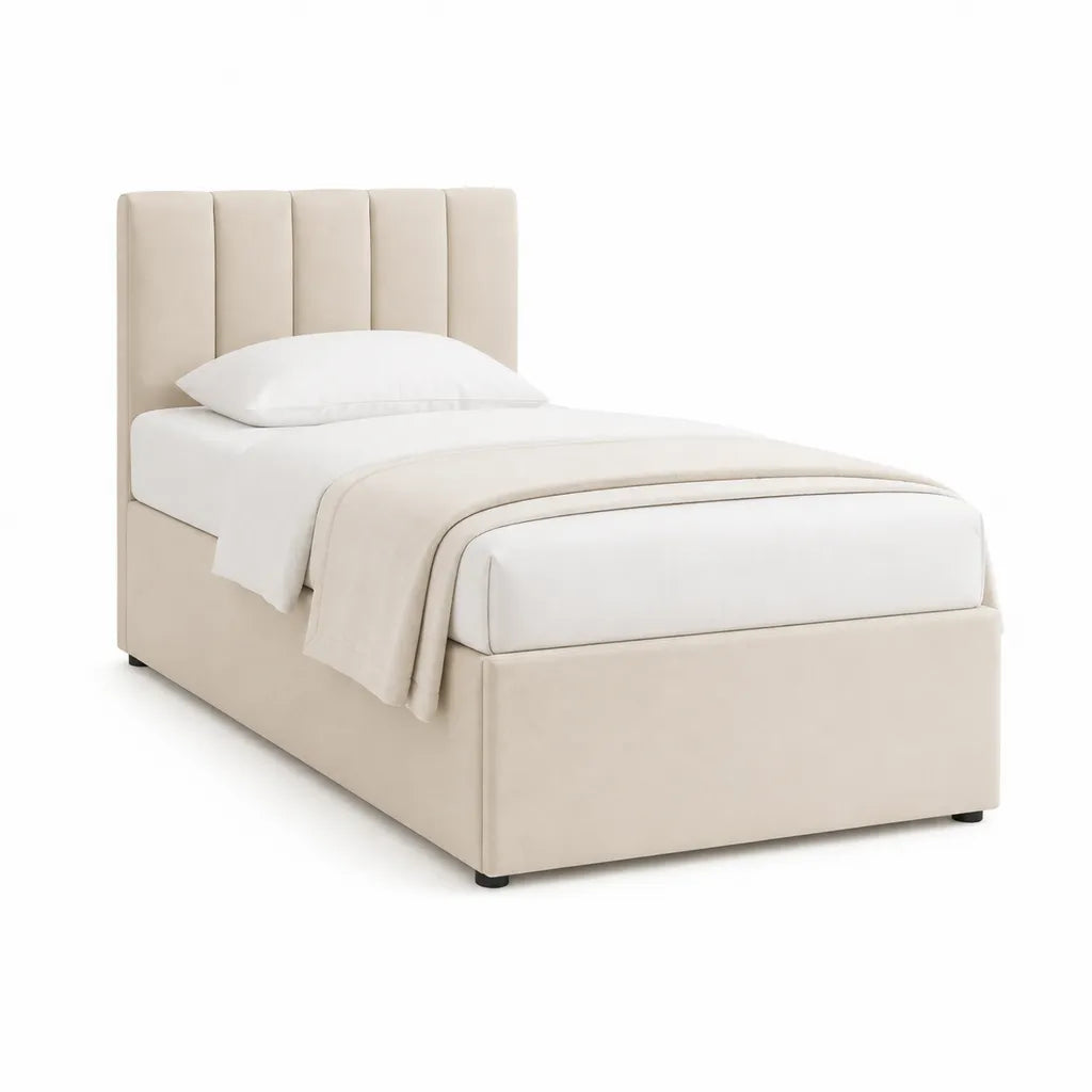 Lit une place capitonne 90 x 190 cm en polyester beige avec tete de lit a panneaux verticaux