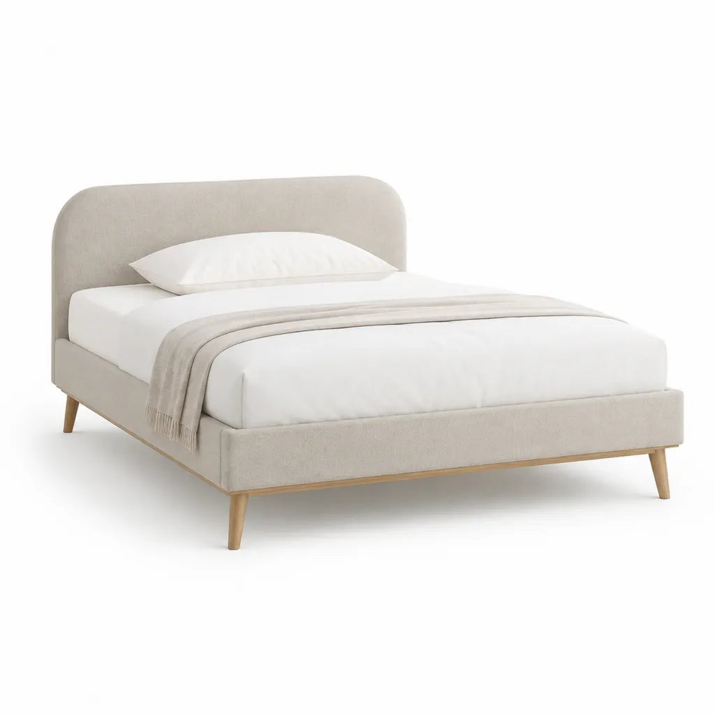 Lit double capitonne avec cadre en polyester beige et pieds en bois massif 160 x 200 cm