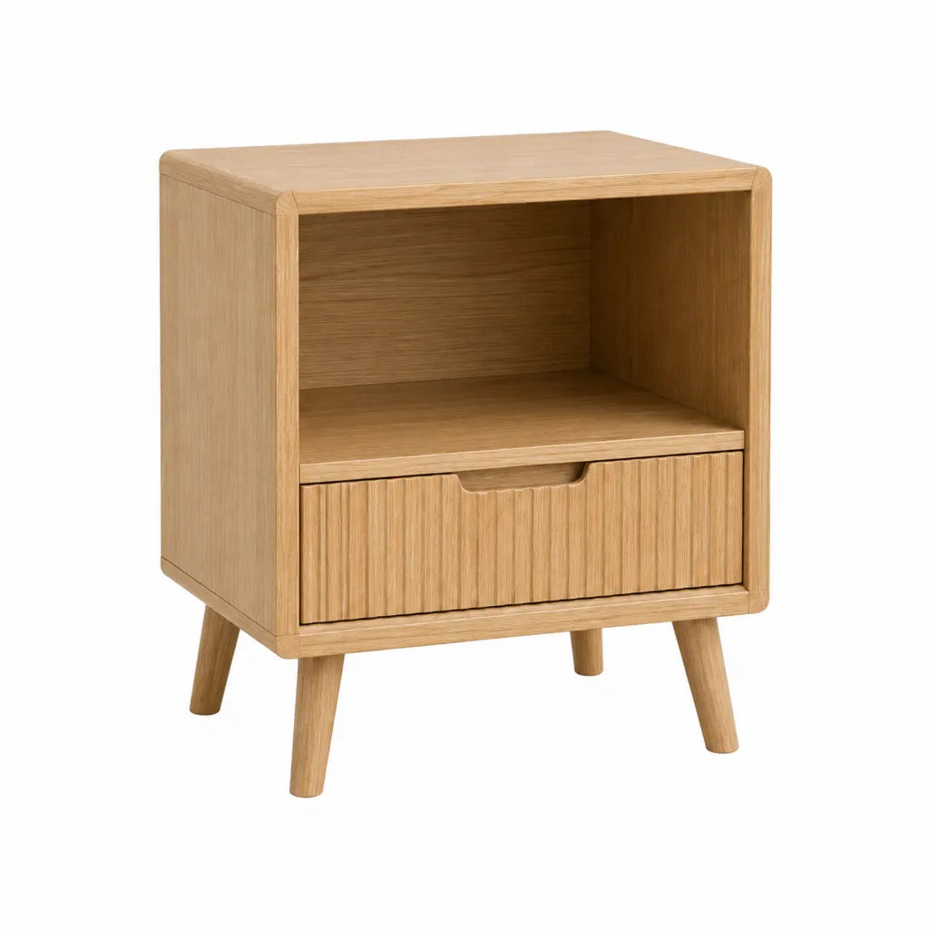 Table de chevet 1 tiroir et niche rectangulaire en MDF plaque chene naturel 40 x 35 x 55 cm