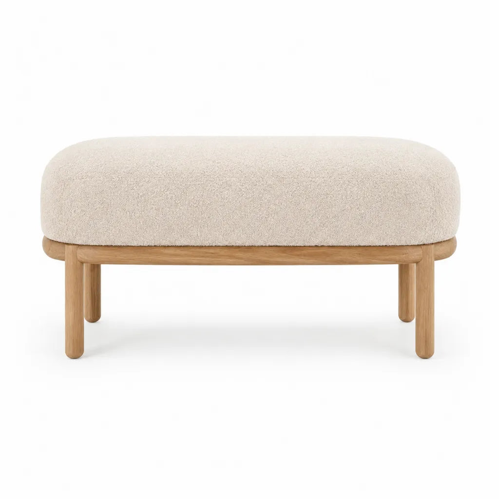 Banc de bout de lit rembourre en polyester boucle beige avec structure en chene massif 100 x 40 x 45 cm