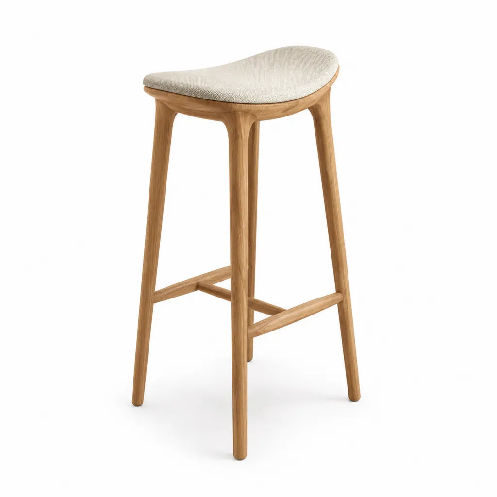 Tabouret de bar en chene massif assise ovale rembourree en polyester ecru 48 x 42 x 75 cm