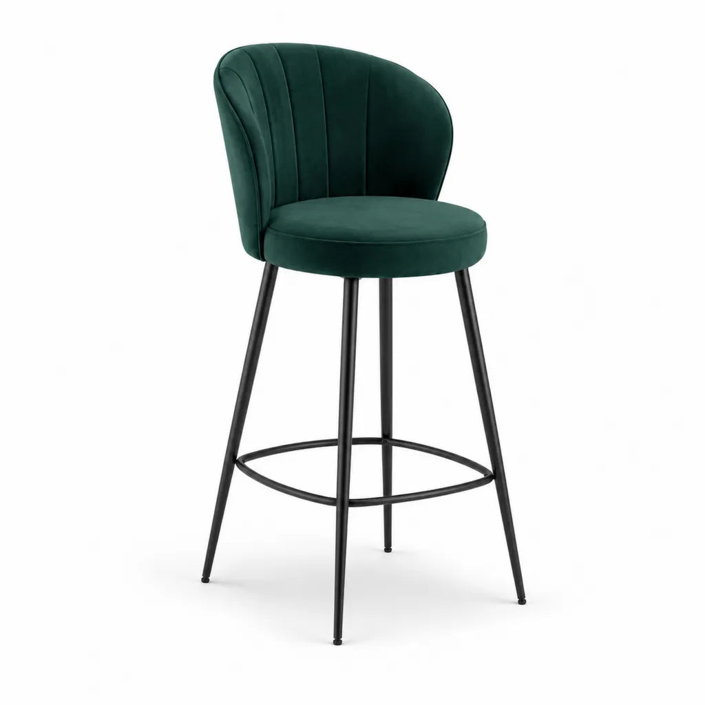 Tabouret de bar avec dossier en velours de polyester vert et acier noir 51 x 55 x 102 cm