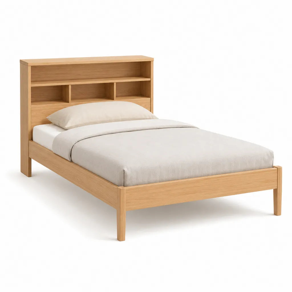 Cadre de lit double en chene massif avec tete de lit a etageres 140 x 200 cm naturel
