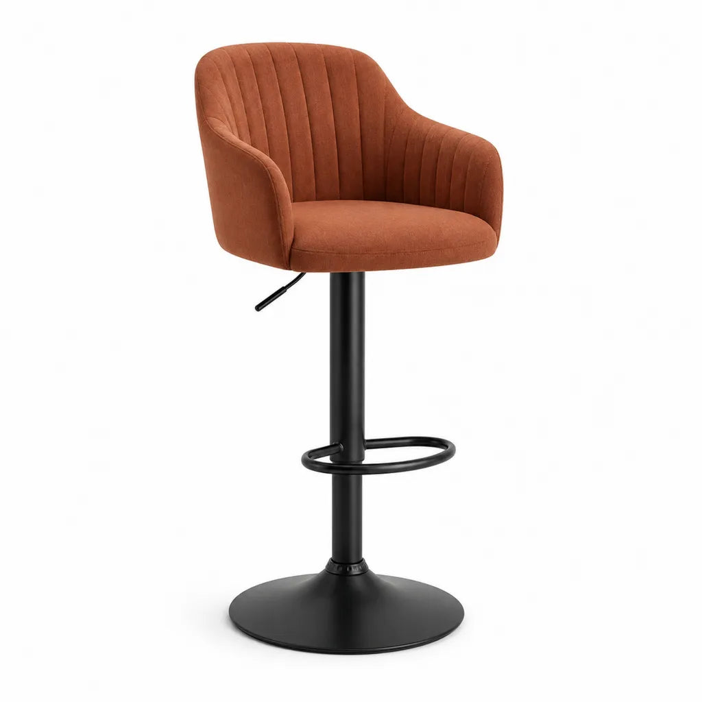 Tabouret de bar pivotant reglable en hauteur avec accoudoirs en velours polyester rouille et acier noir 50 x 54 x 88-109 cm