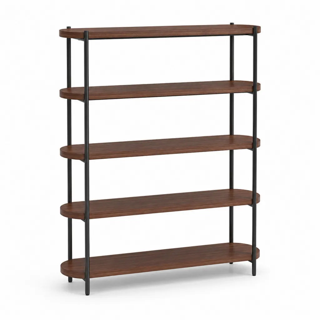 Etagere de rangement 5 niveaux 80 x 30 x 160 cm en panneaux MDF finition noyer et acier noir