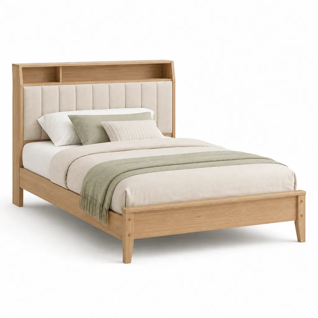 Cadre de lit 160 x 200 cm en bois massif avec tete de lit rembourree et rangements chene clair beige