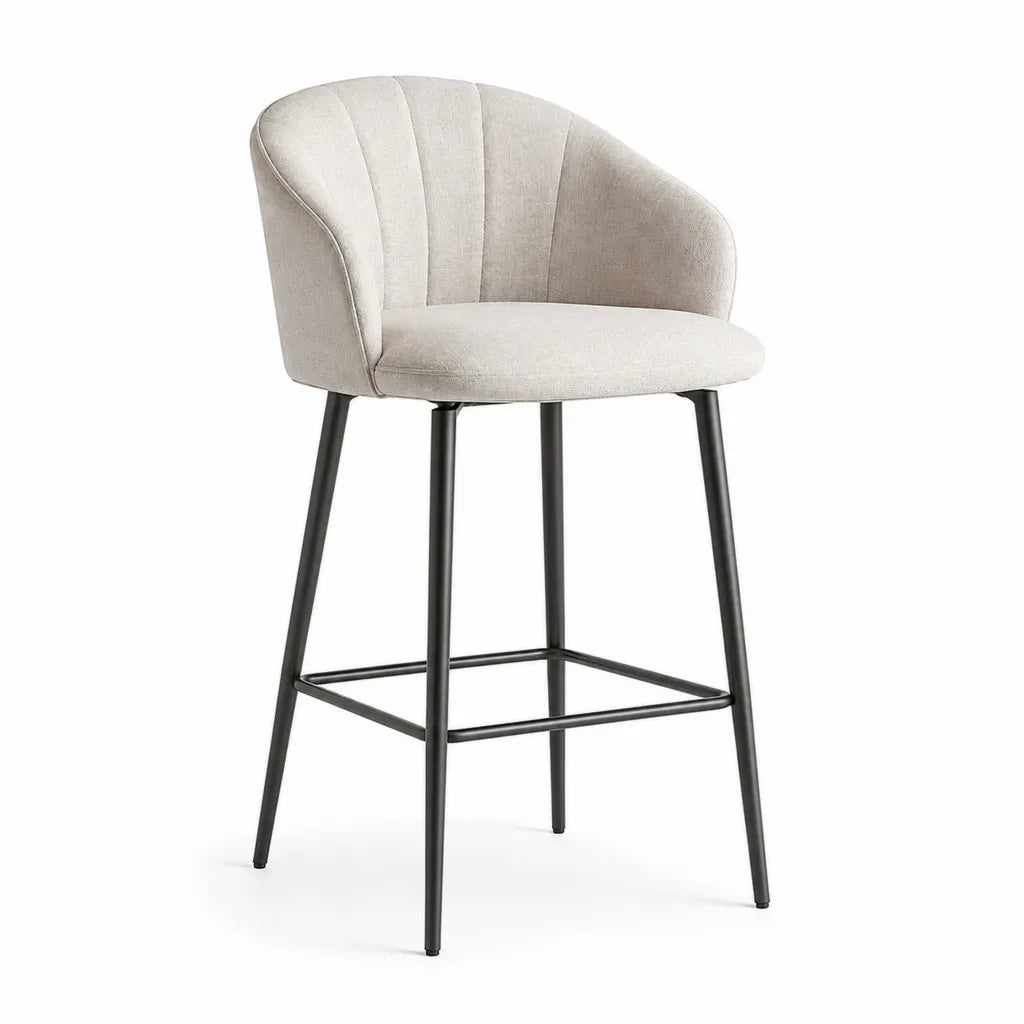 Tabouret de bar a dossier arrondi en polyester beige pieds en acier noir 52 x 55 x 98 cm