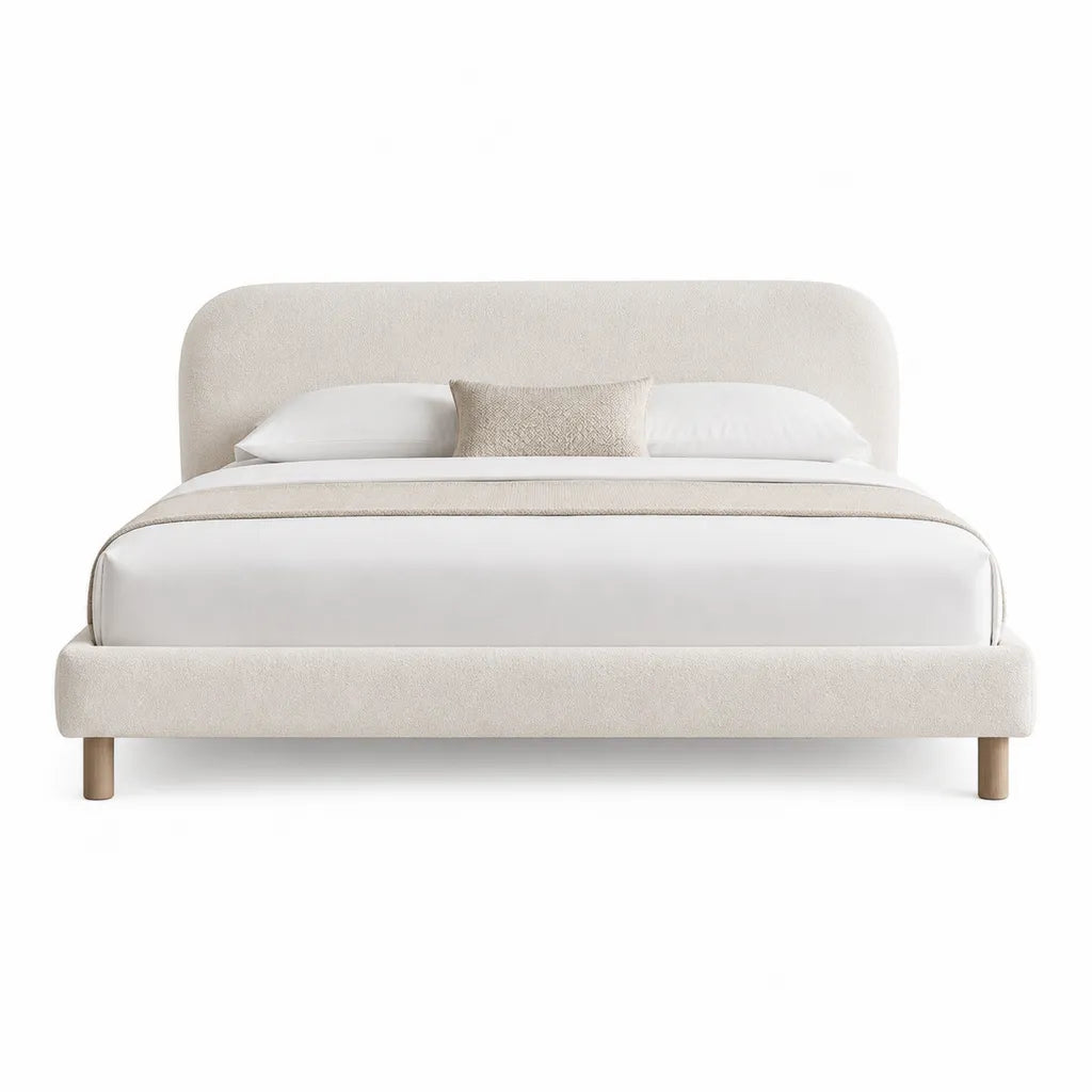 Lit double 160 x 200 cm avec cadre capitonne en polyester creme et tete de lit arrondie