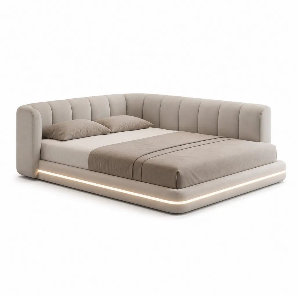 Lit capitonne avec eclairage LED 180 x 200 cm en polyester beige